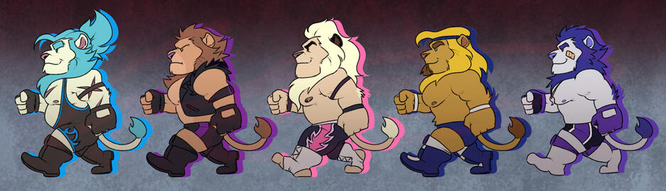 Lion Wrestlers (WaffleTheKodiak; AngeloFalls; Wolioon; YourGayLion; all on Bluesky)